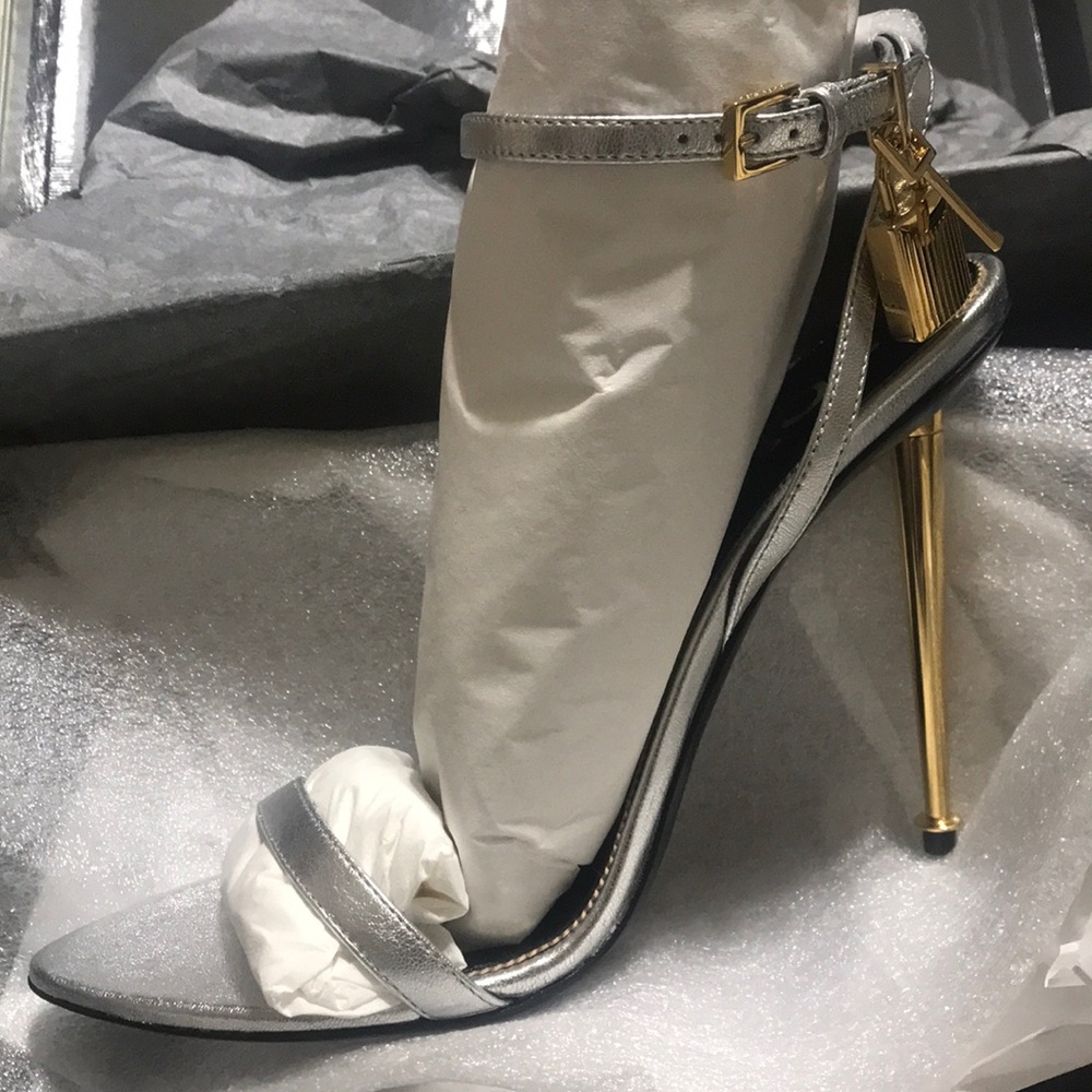 Tom Ford 105mm Metallic Lock Sandals, Silver with Gold Heel and Lock
